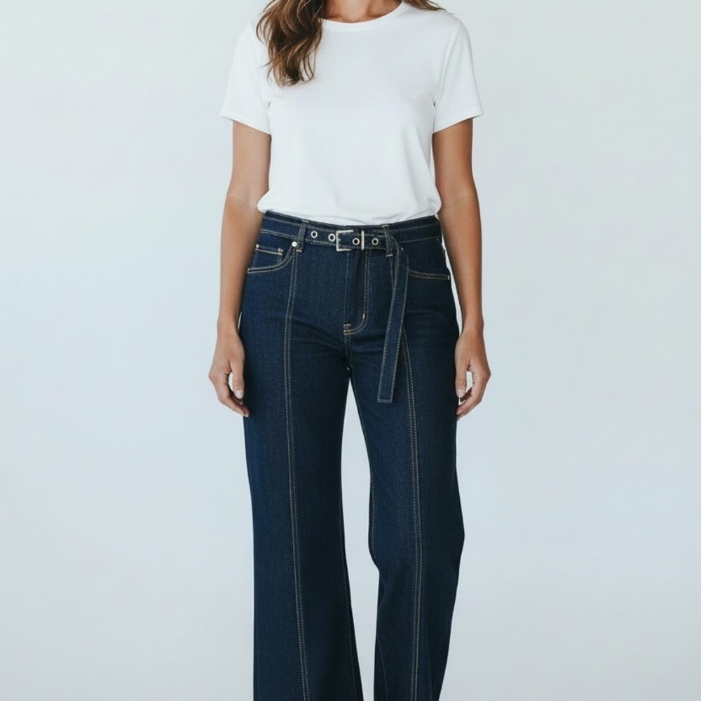 cinq a sept Ankle Jeans with double belt and Yellow Contrast Stitching. Size 6